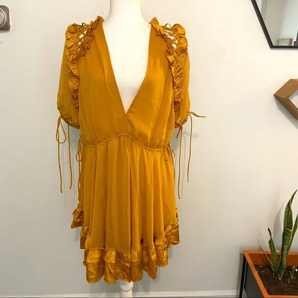NWOT ASOS Design Mustard Yellow Mini V-Neck Ruffle Dress 12 - Picture 2 of 15